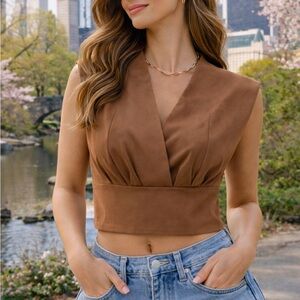 🌼‎ SHEIN Coffee Brown Draped Crop Blouse Structured Waist Chic Top Size L